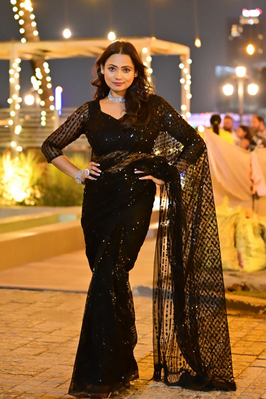 Stunning Black Sequence With Thread Work Net Saree