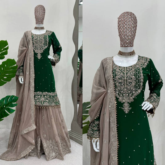 Green Georgette Sharara Suit For women Sequins Coding Pakistani Suit