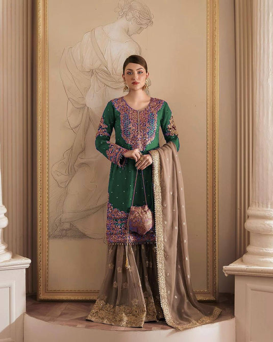 Green Georgette Sharara Suit For women Sequins Coding Pakistani Suit