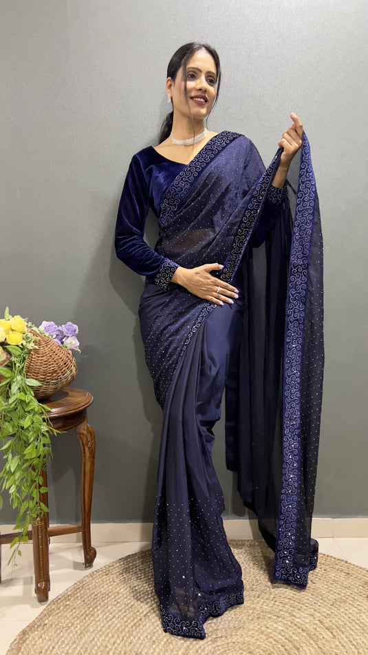 Premium Navy Blue Rangoli Silk Saree Ready To Wear Saree Indian Partywear sari