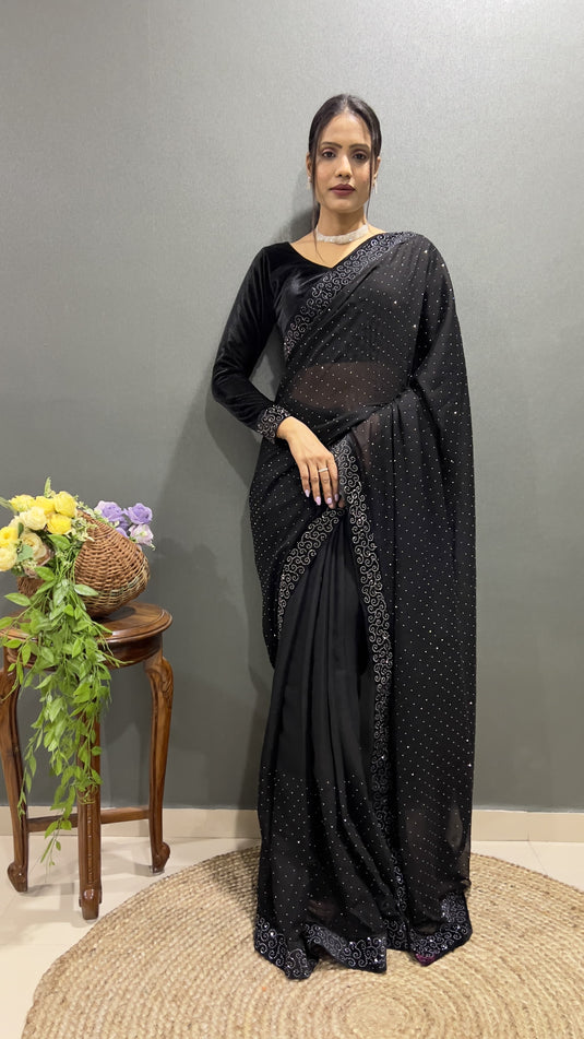 Premium Black Rangoli Silk Saree Ready To Wear Saree Indian Partywear sari