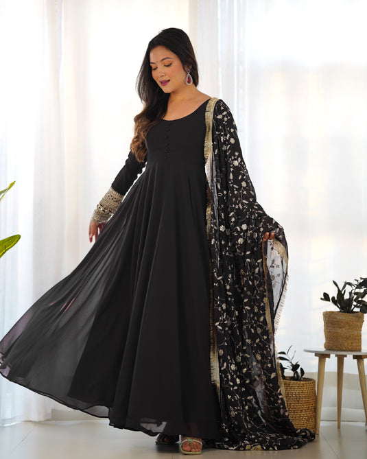 Black Designer Anarkali gown Flared Gown Wedding wear dress Full Stitched With Sequins Dupatta