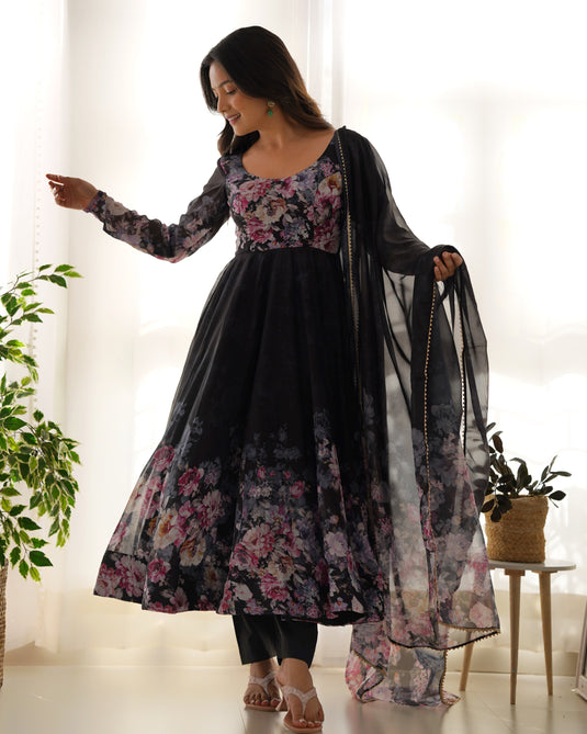 Black Floral Anarkali Dress Georgette Gown Full Stitched Partywear Gown Indian Dress