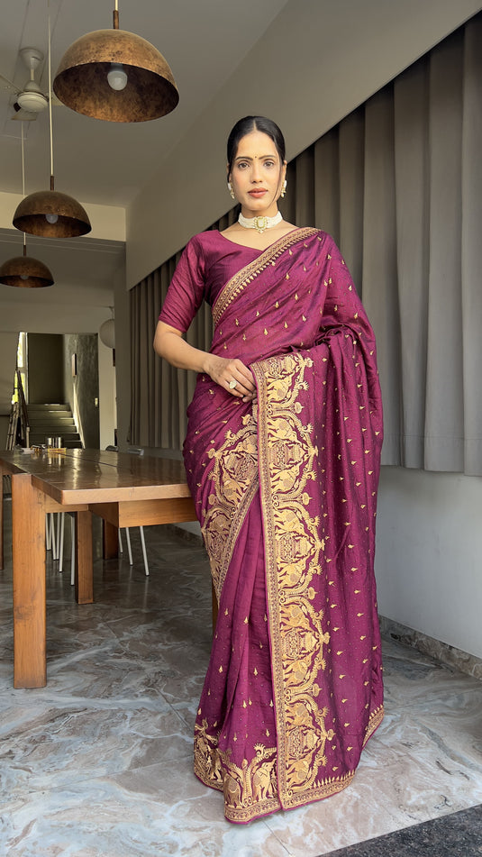 Designer Maroon Color Wedding Saree Vichitra Silk Festival Sari Ready To Wear saree Indian Dress