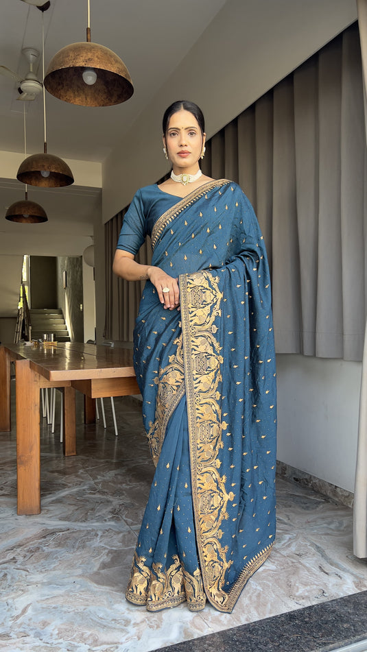 Designer Blue Color Wedding Saree Vichitra Silk Festival Sari Ready To Wear saree Indian Dress