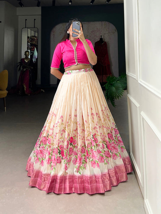 Baby Pink Color Floral Print With Zari Border Cotton Silk Co-ord Set Lehenga Choli