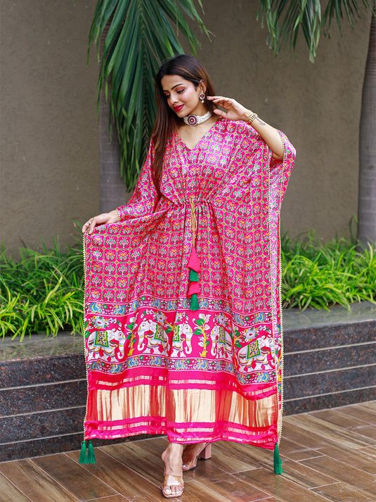 Pink Color Bandhej Digital Print Pure Gaji Silk Kaftan