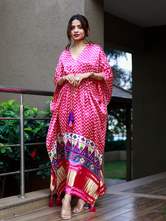 Pink & White Color Digital Print Pure Gaji Silk Kaftan