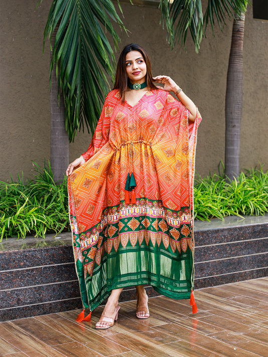 Multi Color Bandhej Digital Print Pure Gaji Silk Kaftan