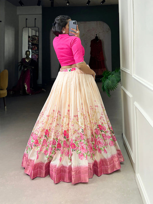 Baby Pink Color Floral Print With Zari Border Cotton Silk Co-ord Set Lehenga Choli