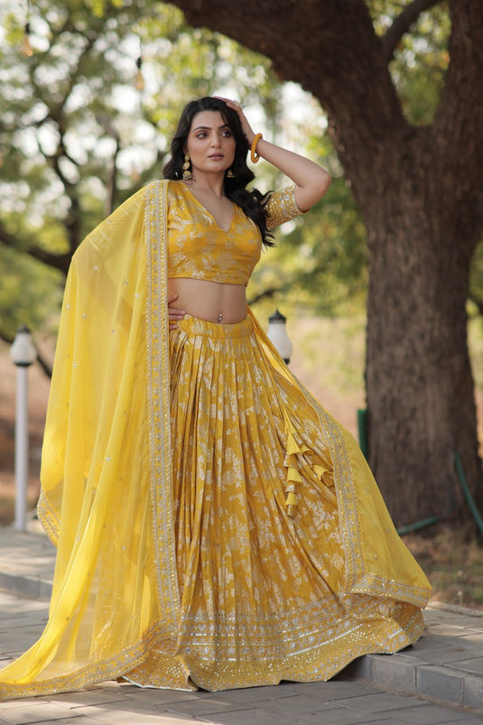 Designer Yellow lehenga Pure Viscose Jacquard Full Stitched Lehenga Choli Dupatta Set