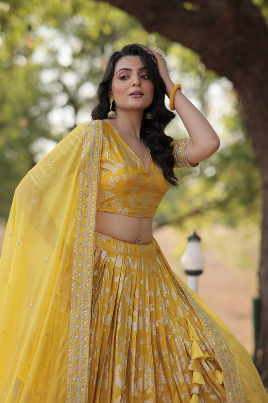 Designer Yellow lehenga Pure Viscose Jacquard Full Stitched Lehenga Choli Dupatta Set