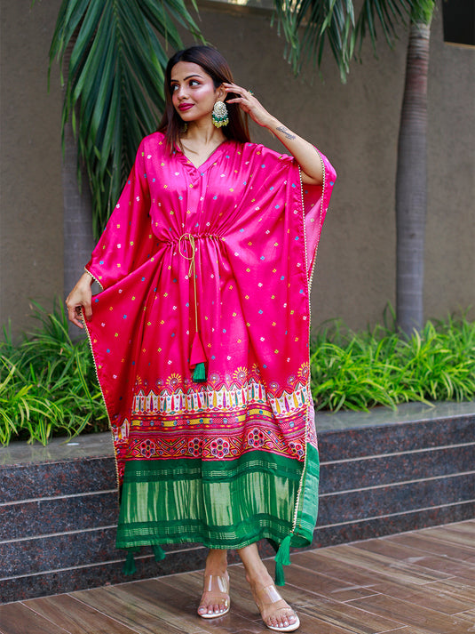 Pink Color Digital Bandhej Print Pure Gaji Silk Kaftan