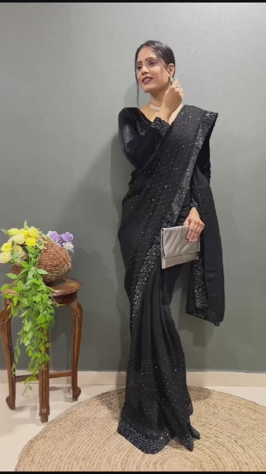 Premium Black Rangoli Silk Saree Ready To Wear Saree Indian Partywear sari