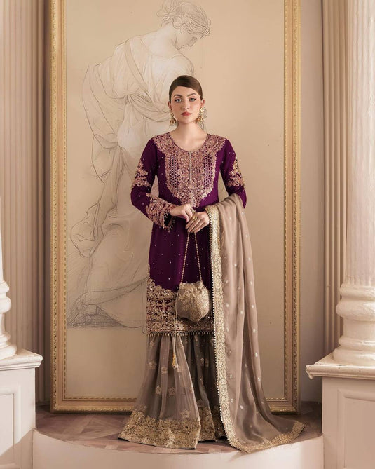 Wine Georgette Sharara Suit For women Sequins Coding Pakistani Suit Readymade