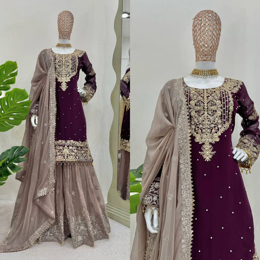 Wine Georgette Sharara Suit For women Sequins Coding Pakistani Suit Readymade